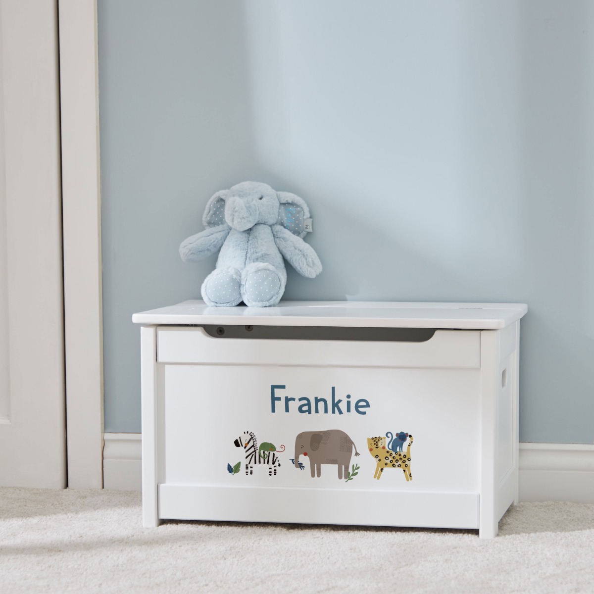 Personalised Safari Animal Design White Panelled Toy Box