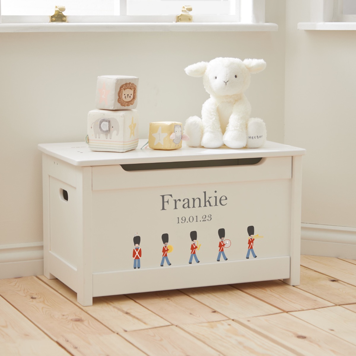 Personalised White Soldier Design Panelled Toy Box