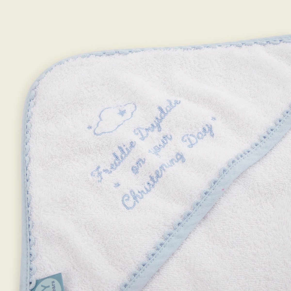 Image of Personalised Blue Christening Picot Trim Hooded Towel