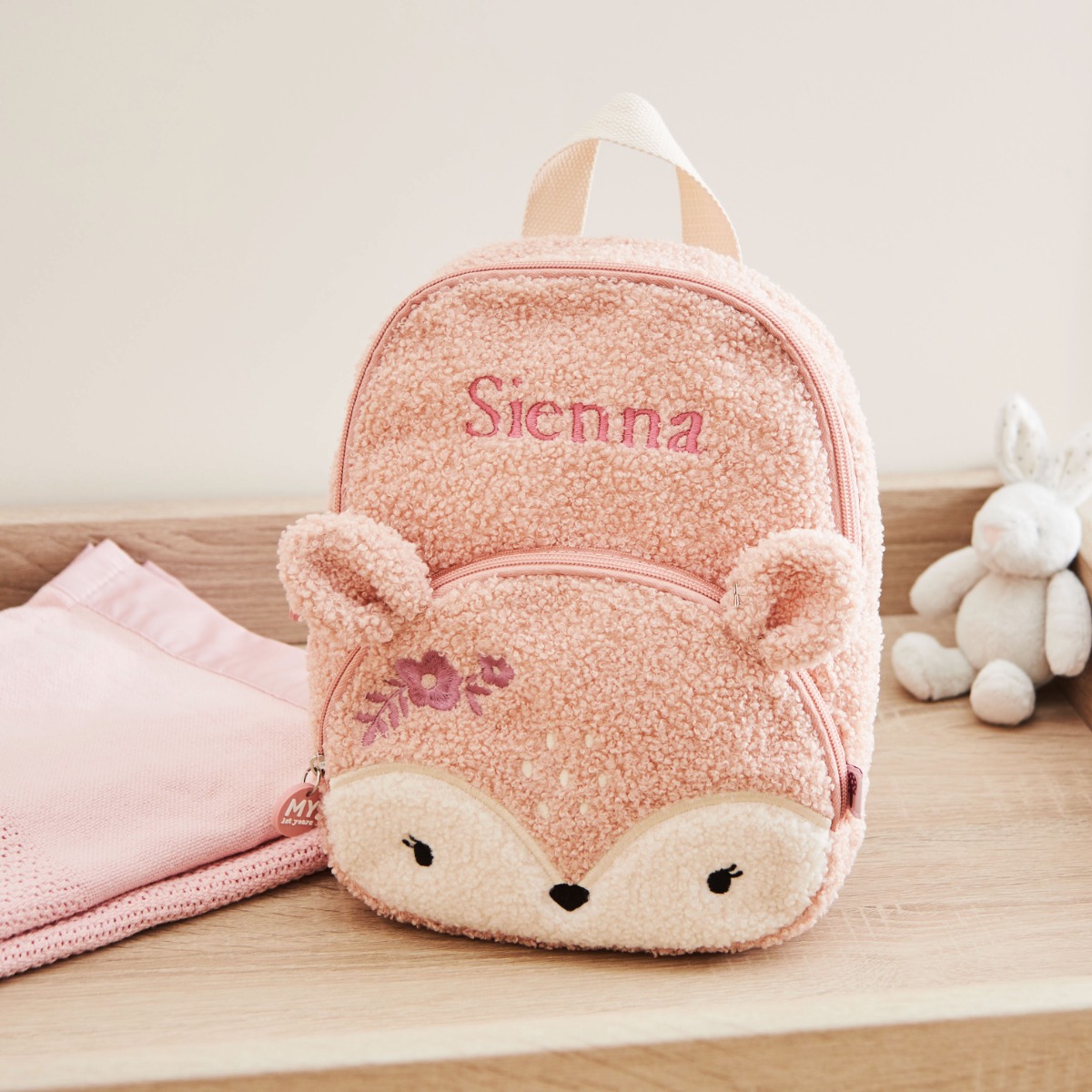 Personalised Fluffy Pink Fawn Mini Backpack