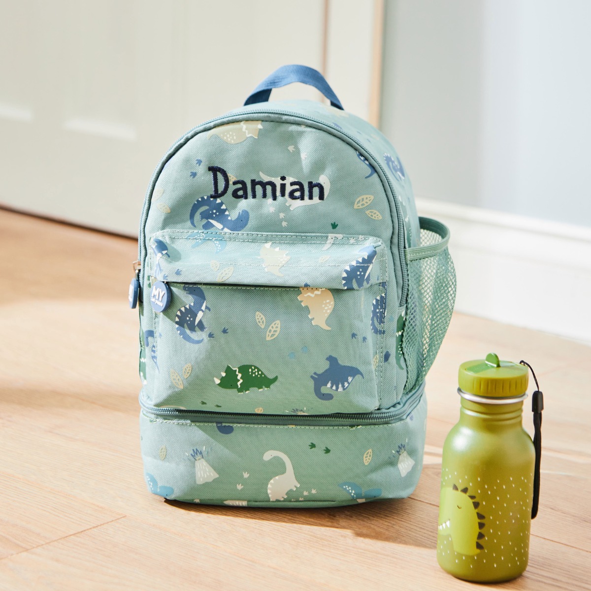 Personalised Khaki Dinosaur Mini Backpack with Compartment