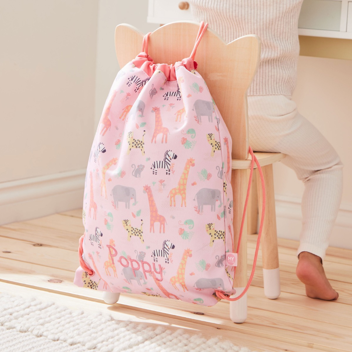 Personalised Pink Safari Print Drawstring Bag