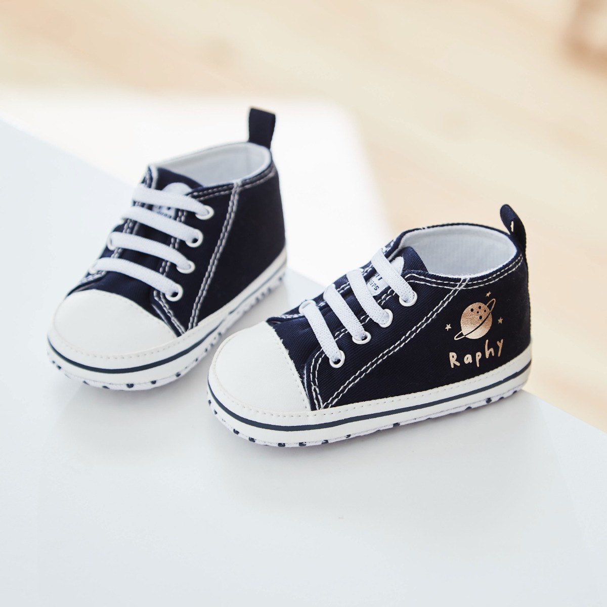 Personalised Navy Space Baby High Top Trainers