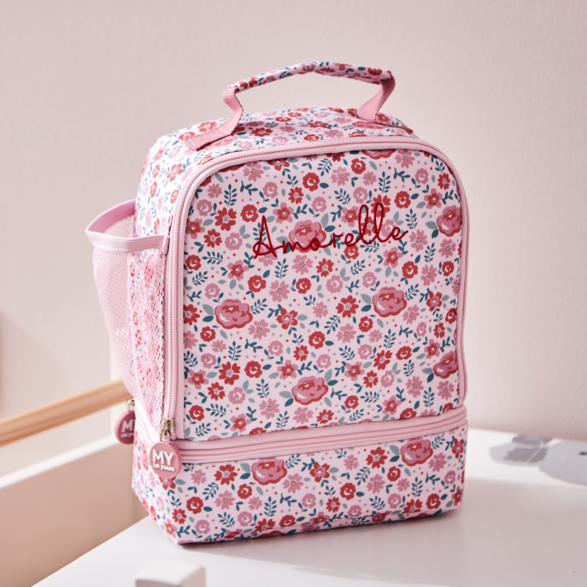 Personalised Pink Ditsy Print Lunch Bag with Compartment