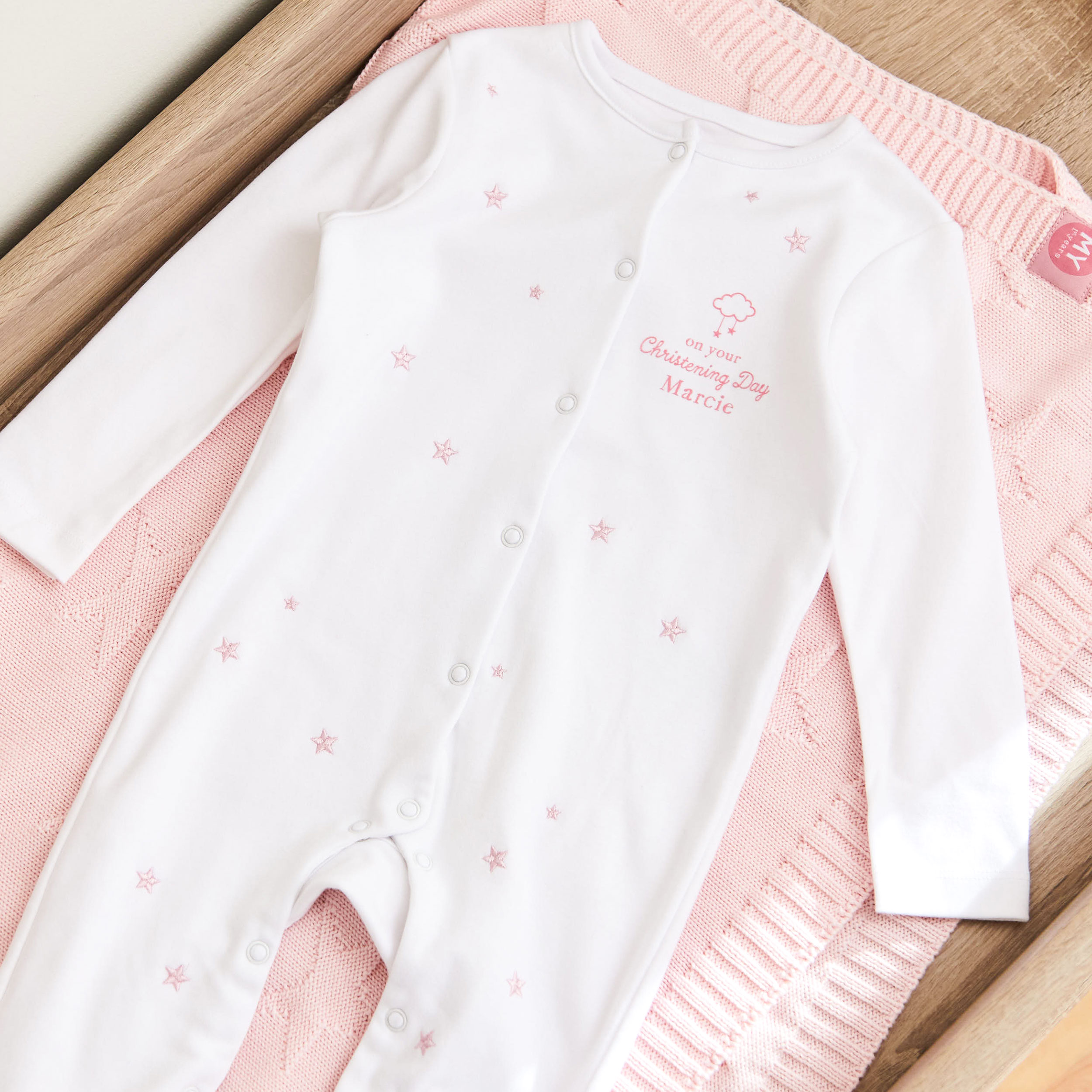 Personalised On Your Christening Day Pink Star Jersey Sleepsuit