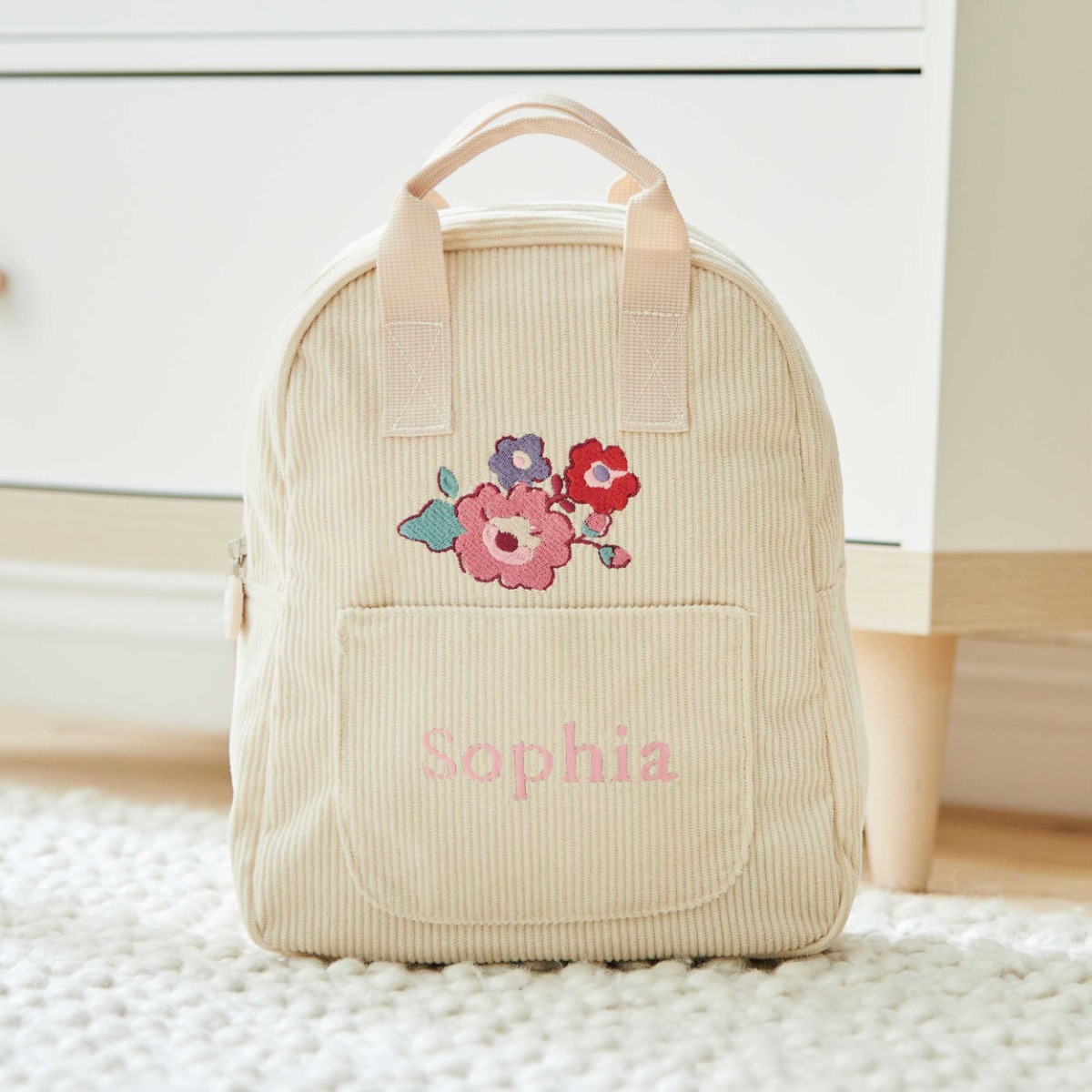 Personalised Floral Ecru Mini Cord Backpack