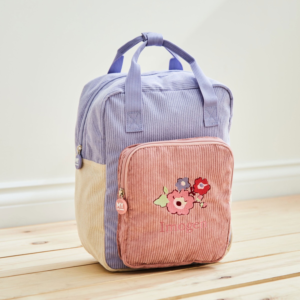 Personalised Pink Floral Cord Backpack with Grab Handle