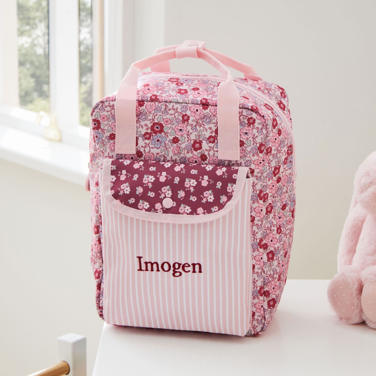Personalised Pink Floral Medium Backpack With Grab Handle