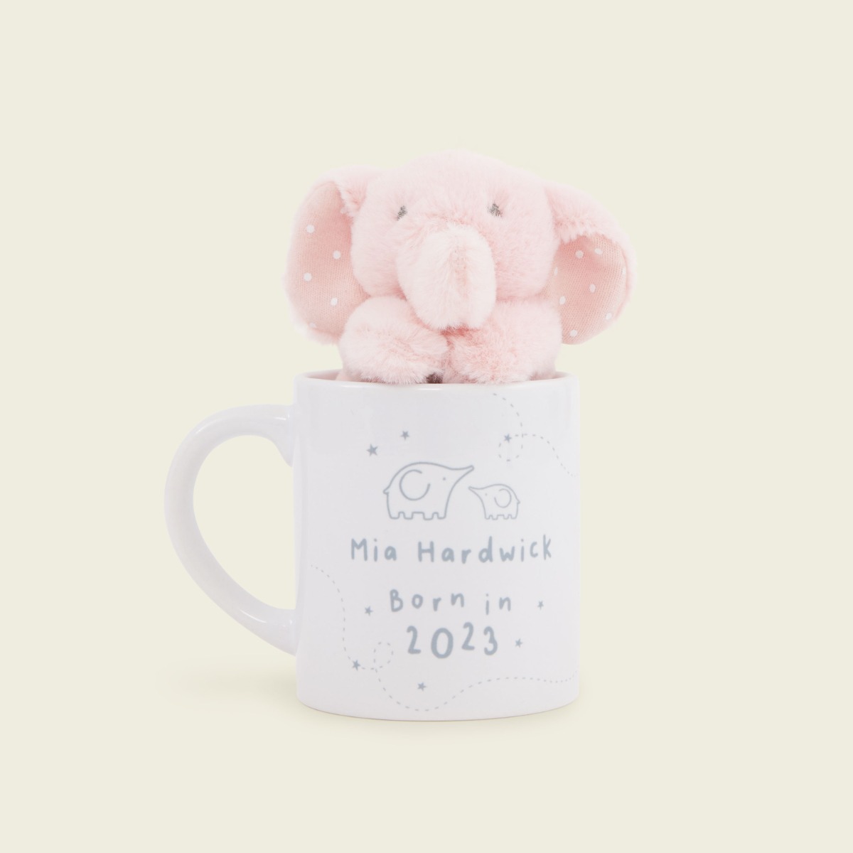 Personalised Born in 2023 Elephant Mini Mug and Soft Toy Gift Set