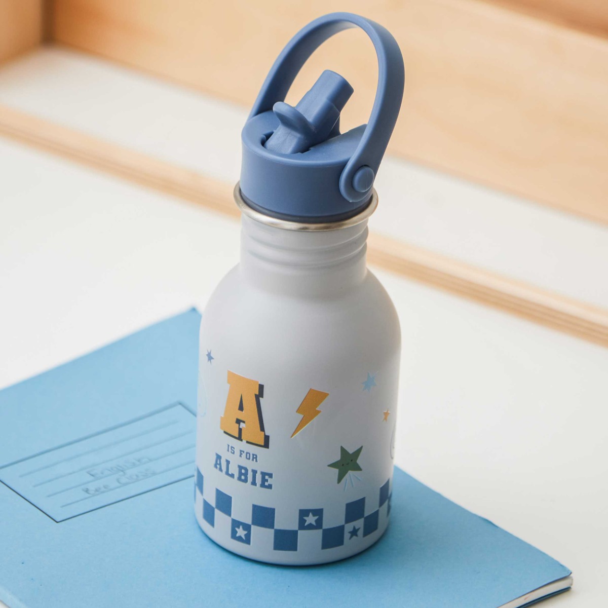 Personalised Blue Checkerboard Initial Water Bottle