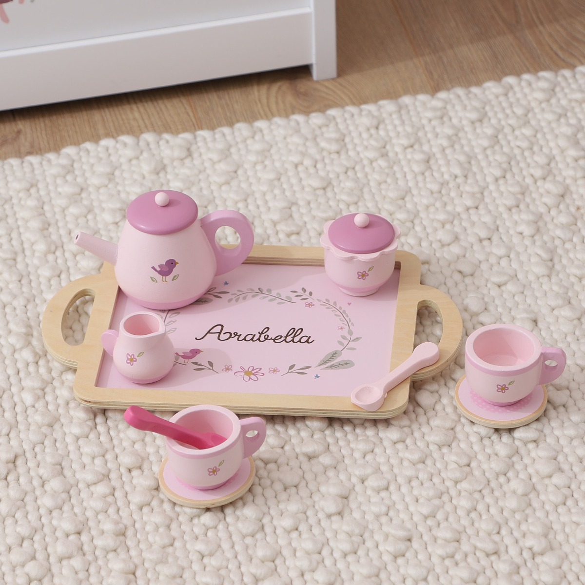 Image of Personalised Pink Wooden Tea Set Toy