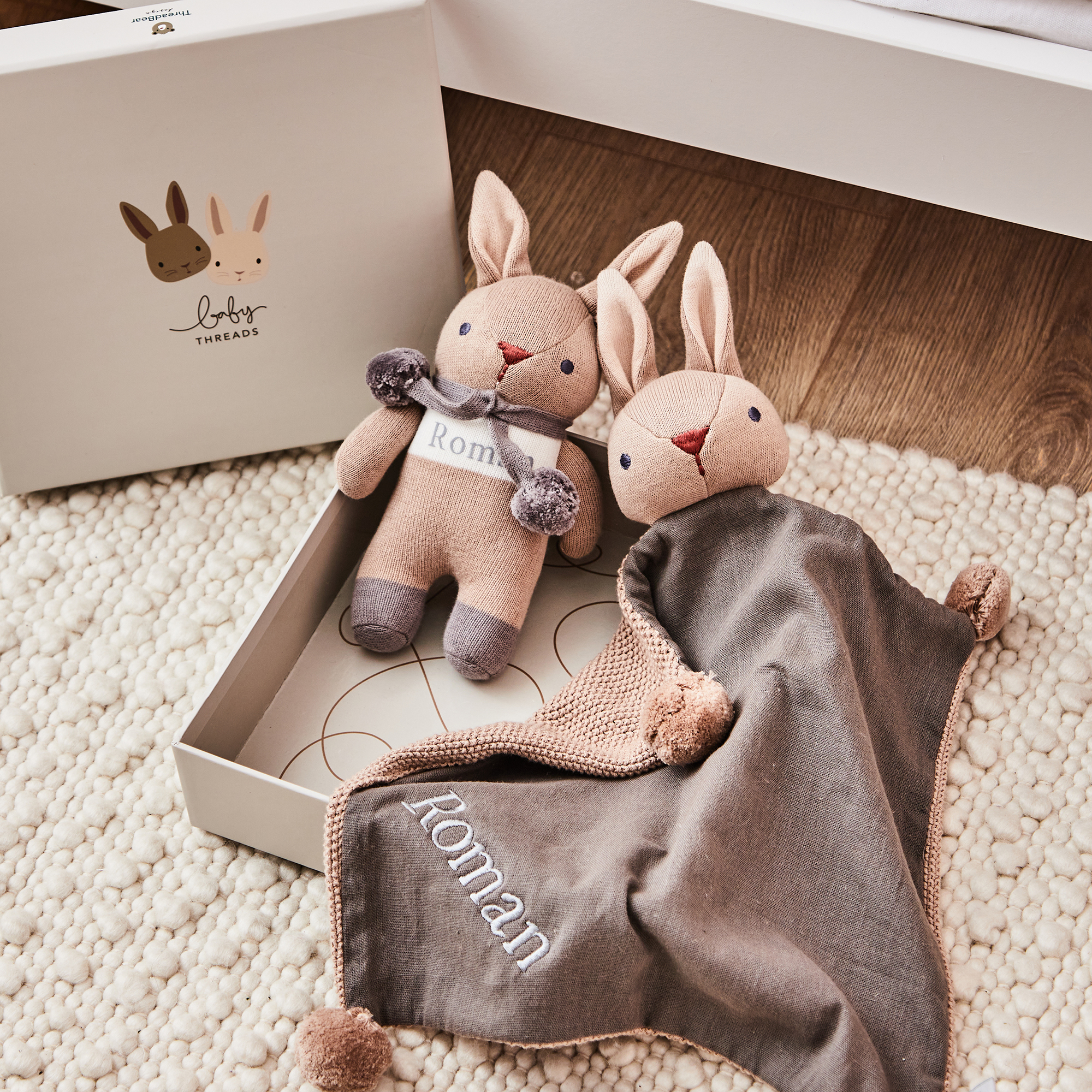Personalised Taupe ThreadBear Bunny Toy & Comforter Set