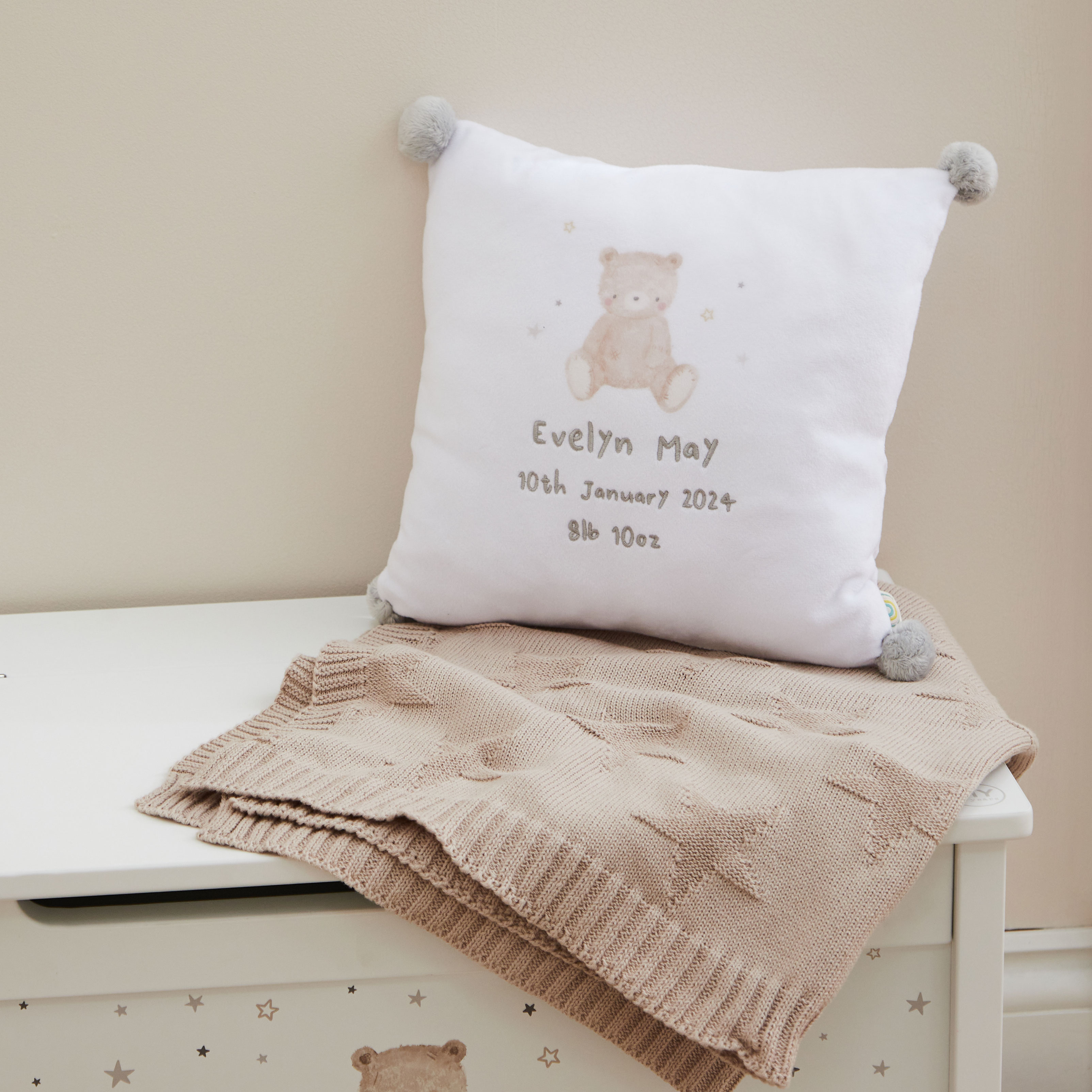 Personalised Biscuit Bear White Pom Pom Cushion