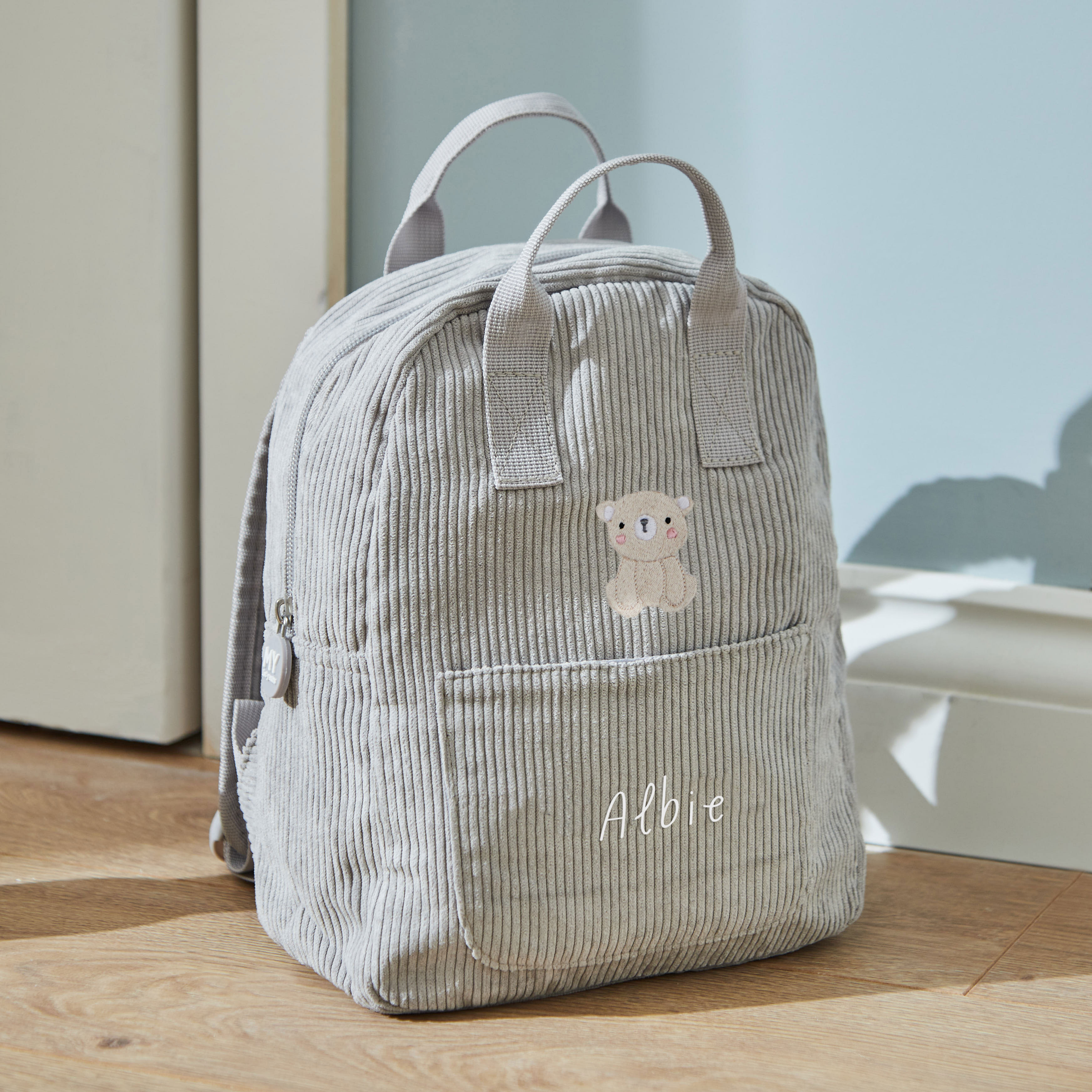 Personalised Biscuit Bear Grey Cord Mini Backpack