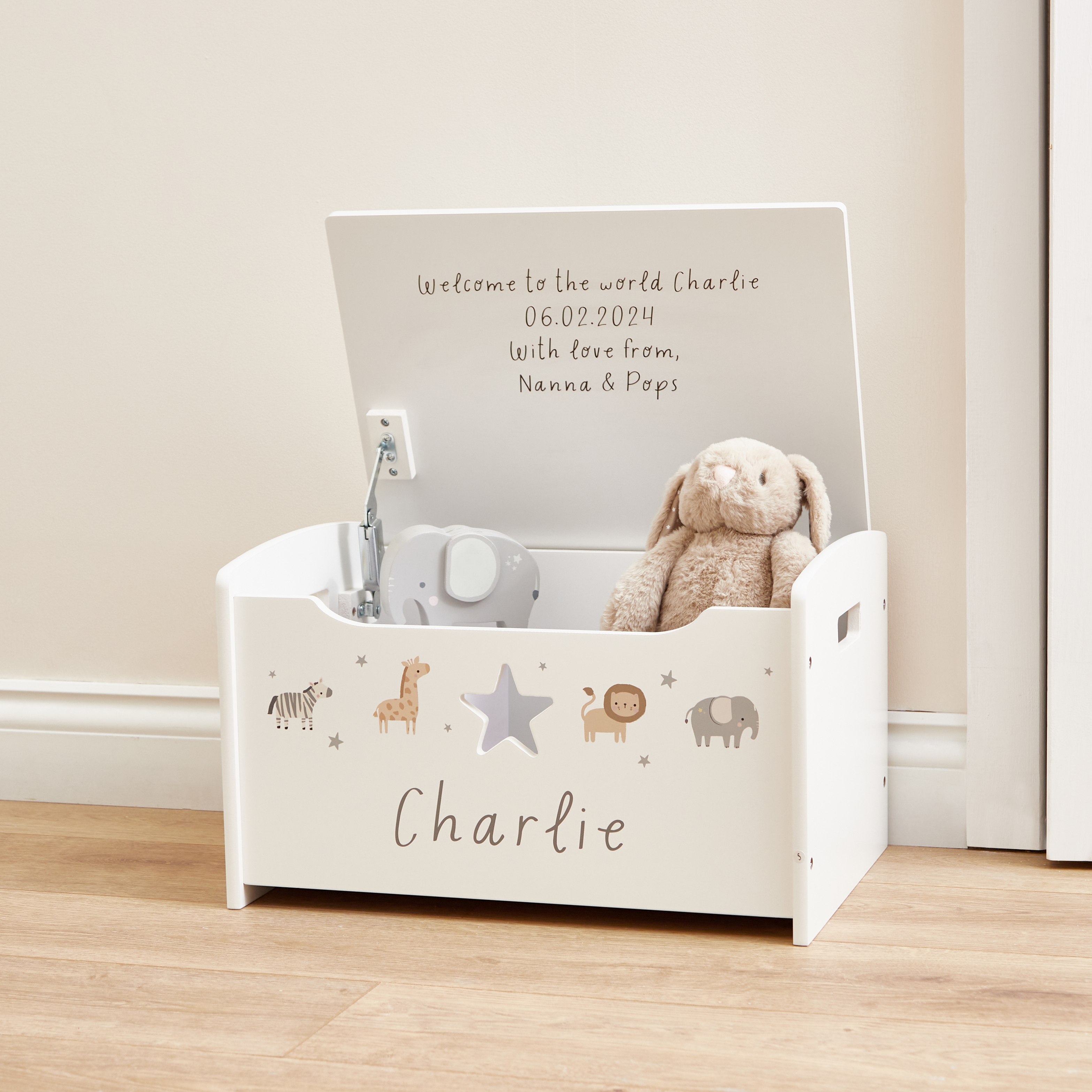 Personalised Small White Safari Animal Toy Box