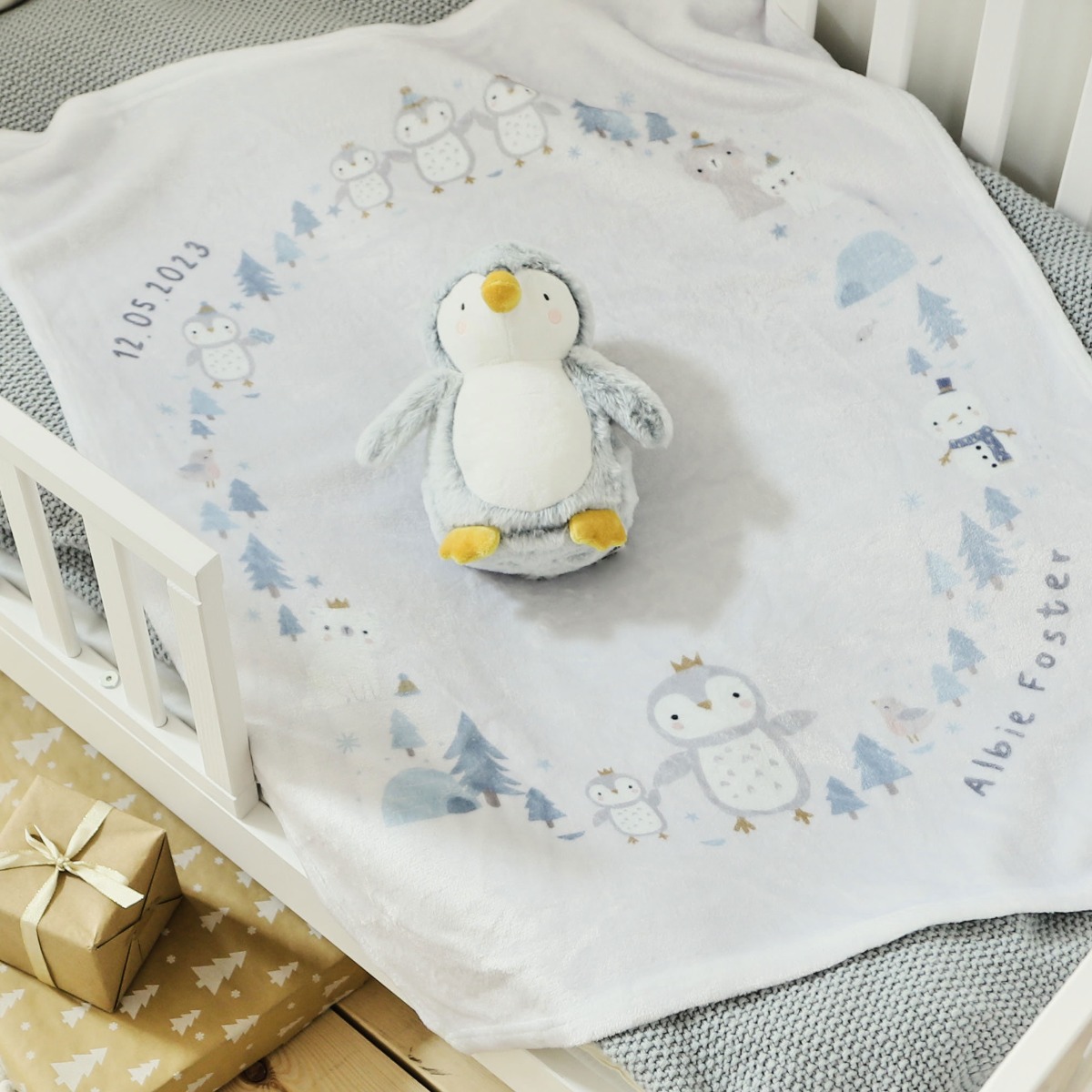 Personalised Christmas Penguin Fleece Blanket