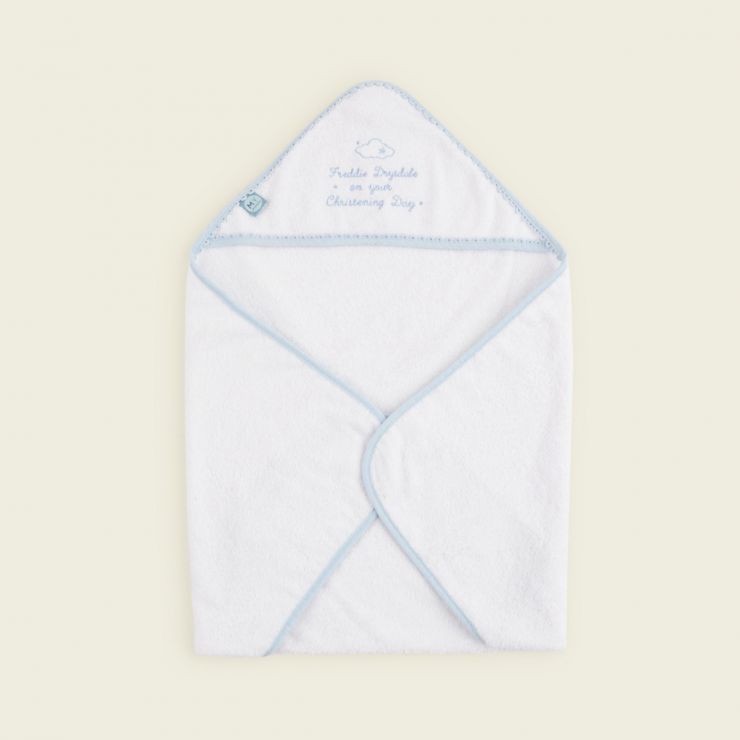Personalised Blue Christening Picot Trim Hooded Towel