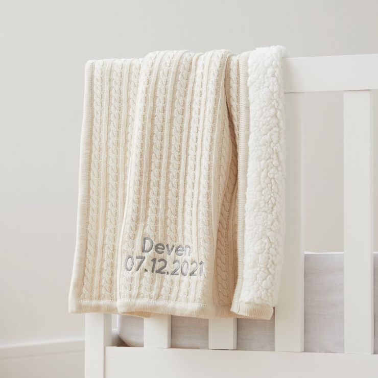 Personalised Cream Fur Lined Cable Knit Blanket