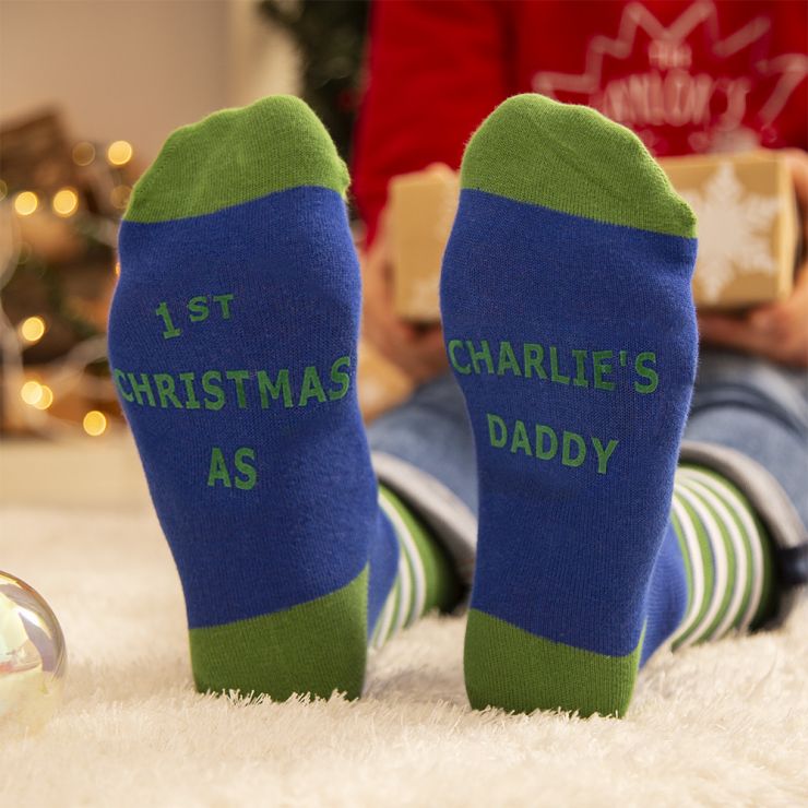 Personalised Blue and Green '1st Christmas' Dad Socks