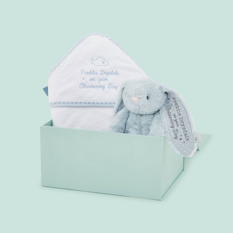 Personalised Blue Bunny and Towel Christening Gift Set
