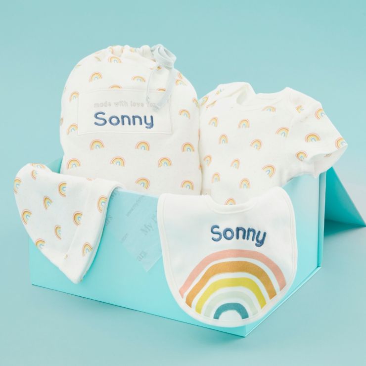 Personalised Rainbow Print Organic Baby Gift Set