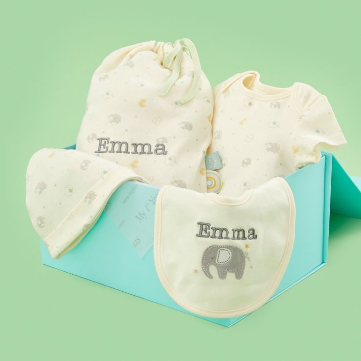 Personalised Elephant Print Organic Baby Gift Set