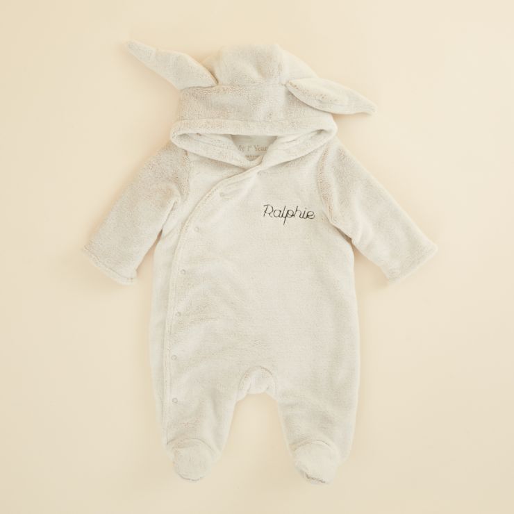 Personalised Grey Bunny Faux Fur Lined Knitted Pramsuit