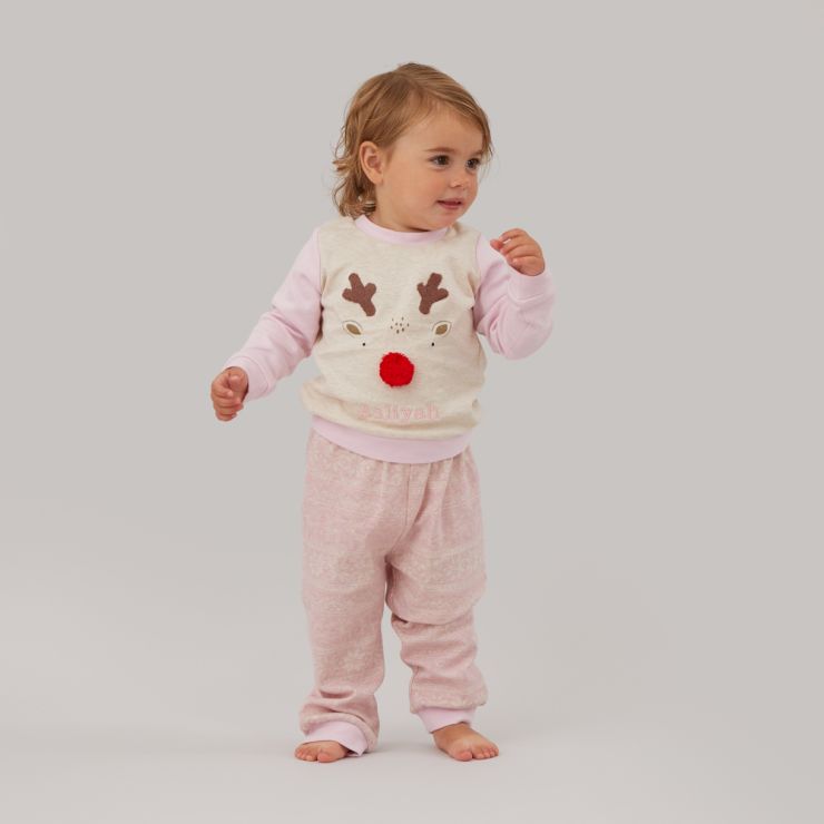 Personalised Pink Reindeer Christmas Pyjama Set Model