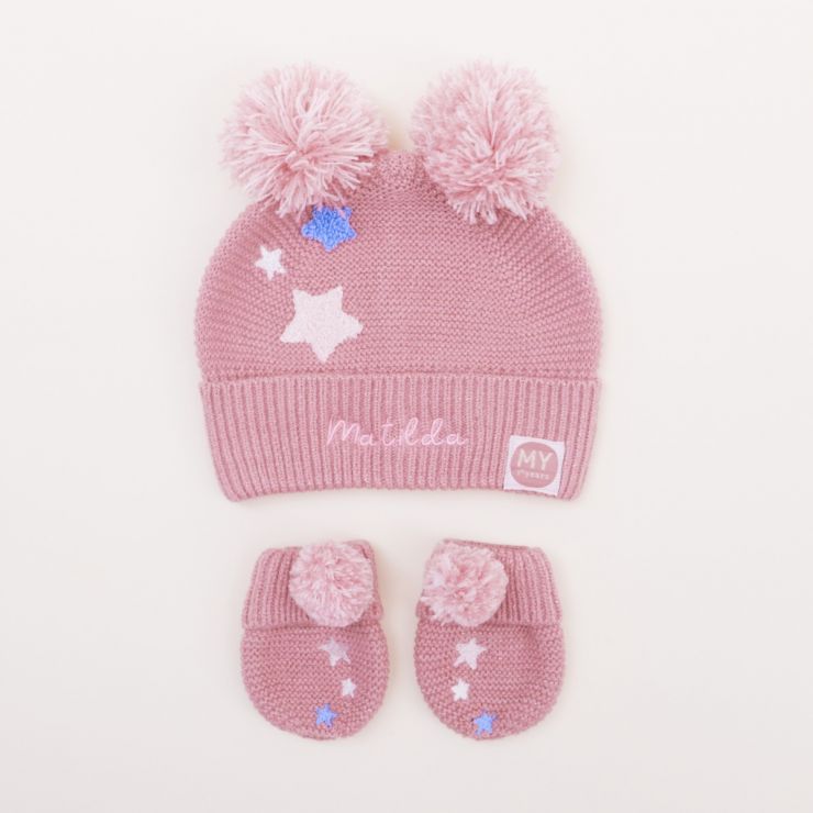Personalised Pink Knitted Hat and Mittens Set