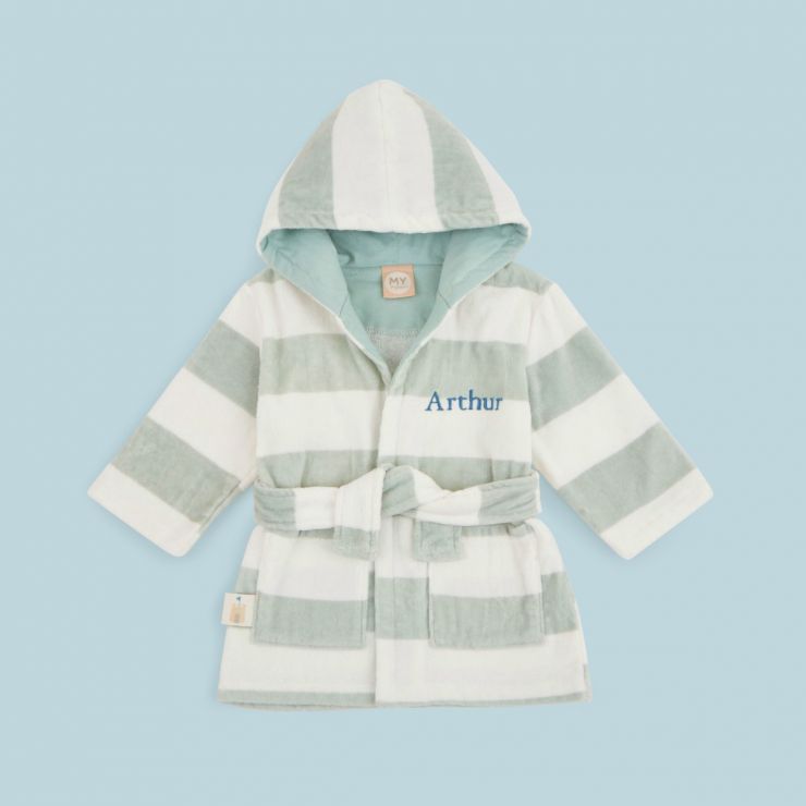 Personalised Green Striped Hooded Towelling Robe