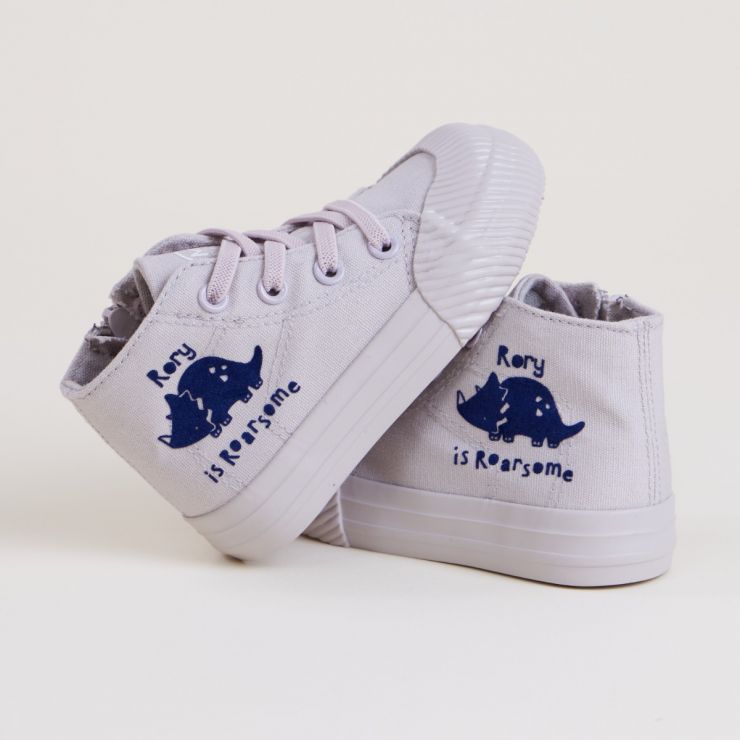 Personalised Grey ‘Roarsome’ Dinosaur High Top Trainers