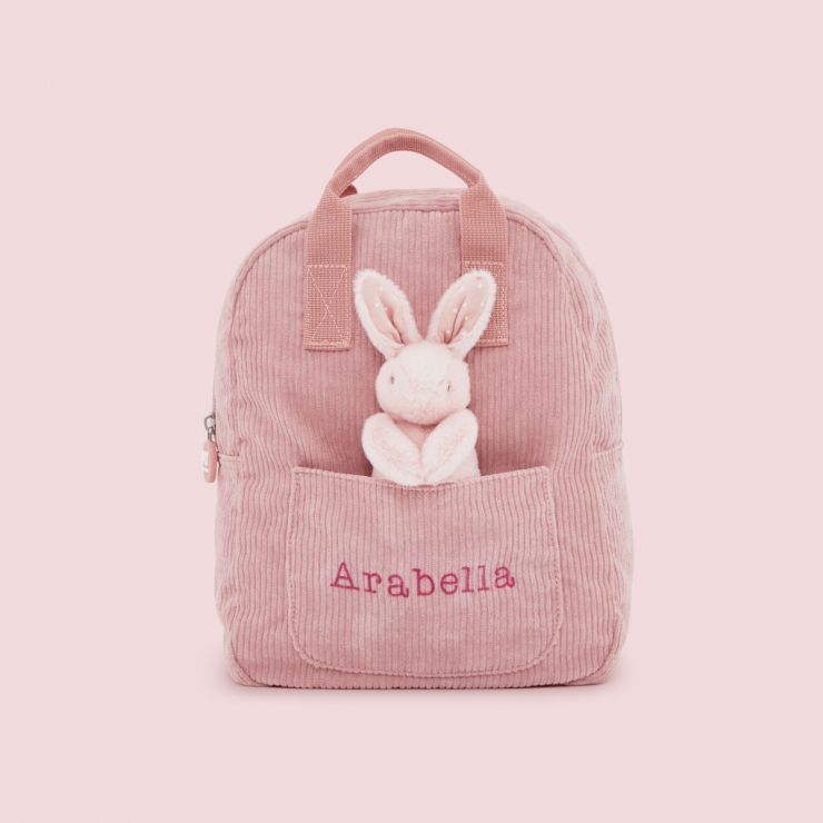 Personalised Pink Cord Mini Backpack and Bunny Toy