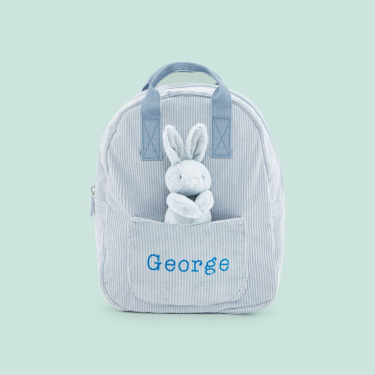 Personalised Blue Cord Mini Backpack and Bunny Toy