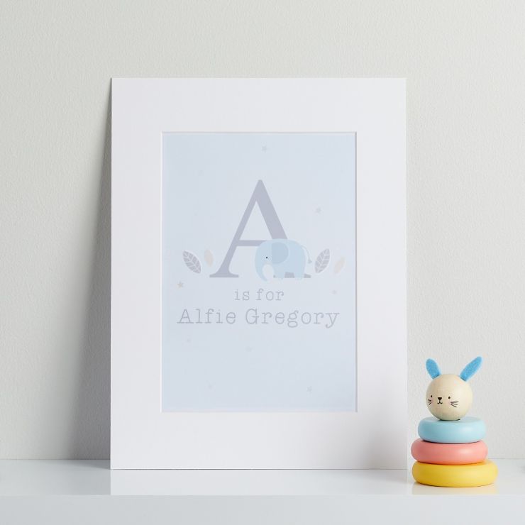 Personalised Blue Elephant Children's Room Print Mount Board Only