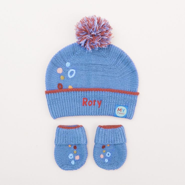 Personalised Blue Knitted Hat and Mittens Set