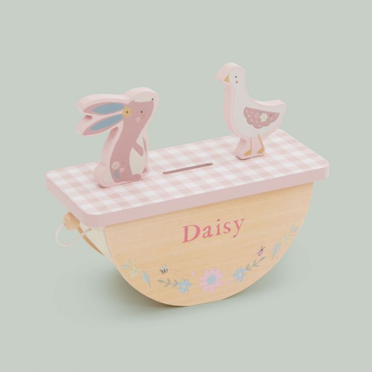 Personalised Wooden Bunny and Goose Rocking Money Box