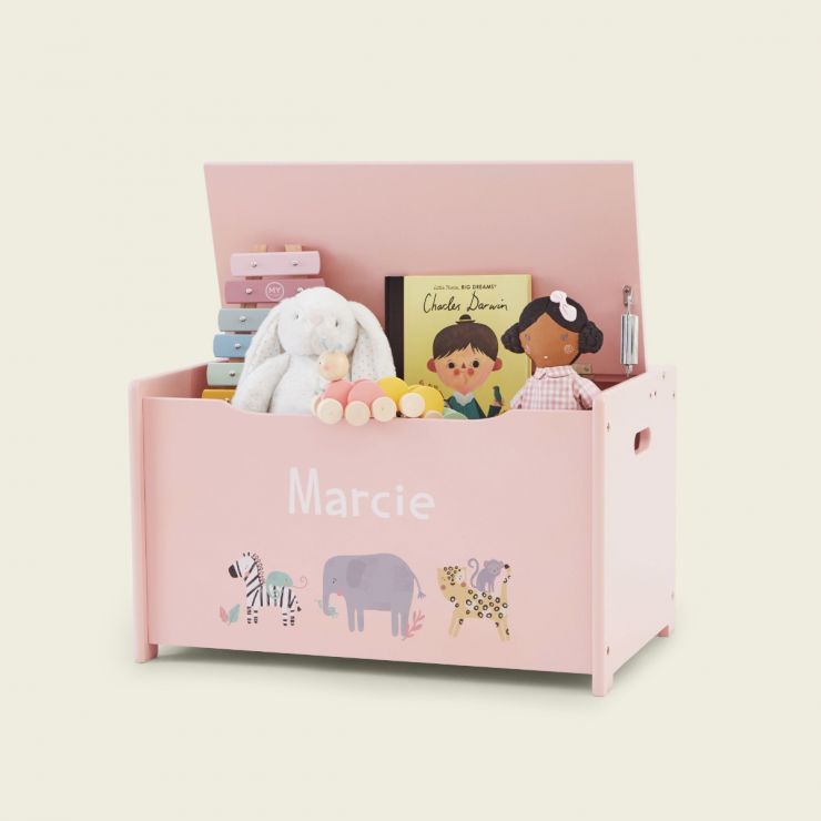 Personalised Safari Animal Design Pink Toy Box