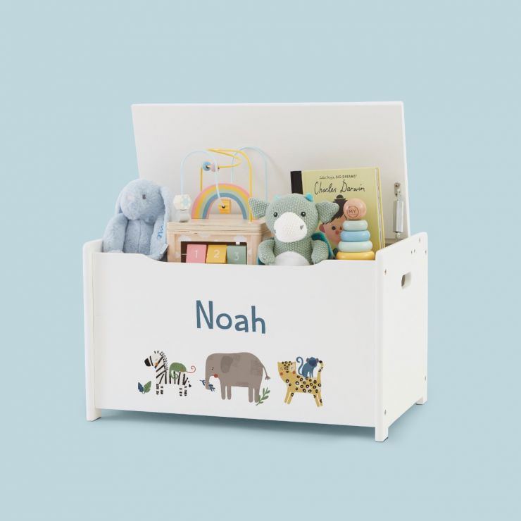 Personalised Safari Animal Design White Toy Box