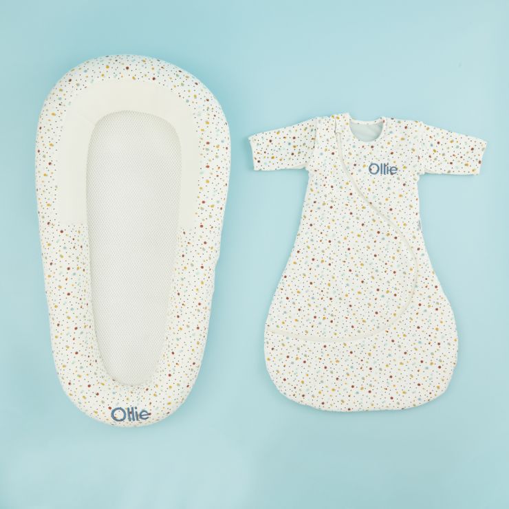 Personalised Purflo 'Scandi Spot' Baby Bed and Swaddle to Sleep Bag Set 9-18 Months