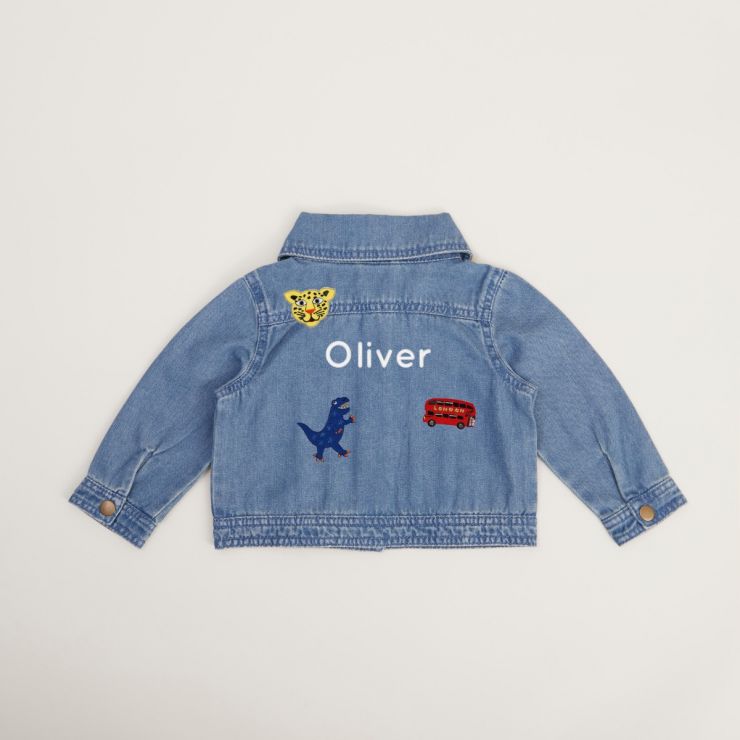 Personalised Denim Jacket with Dino Petra Boase Badge Set