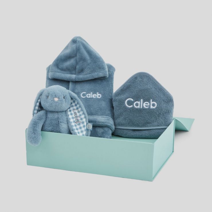 Personalised Mid Blue Splash, Snuggle and Cuddle Gift Set