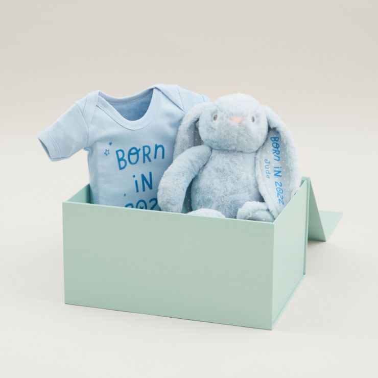 Personalised Born in 2022 Blue Bodysuit and Bunny Gift Set