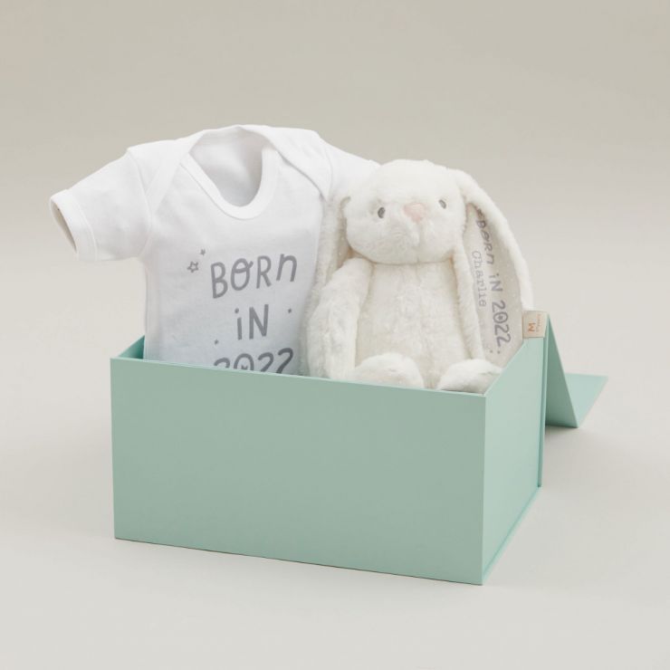 Personalised Born in 2022 White Bodysuit and Bunny Gift Set