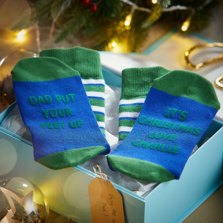 Personalised Blue and Green 'Put your feet up' Christmas Dad Socks