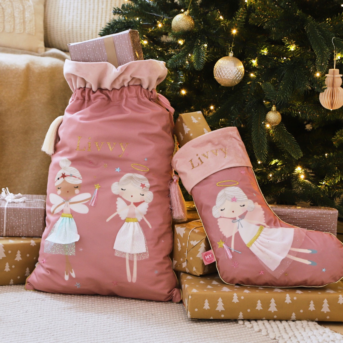 Personalised Christmas Fairy Stocking and Sack Set