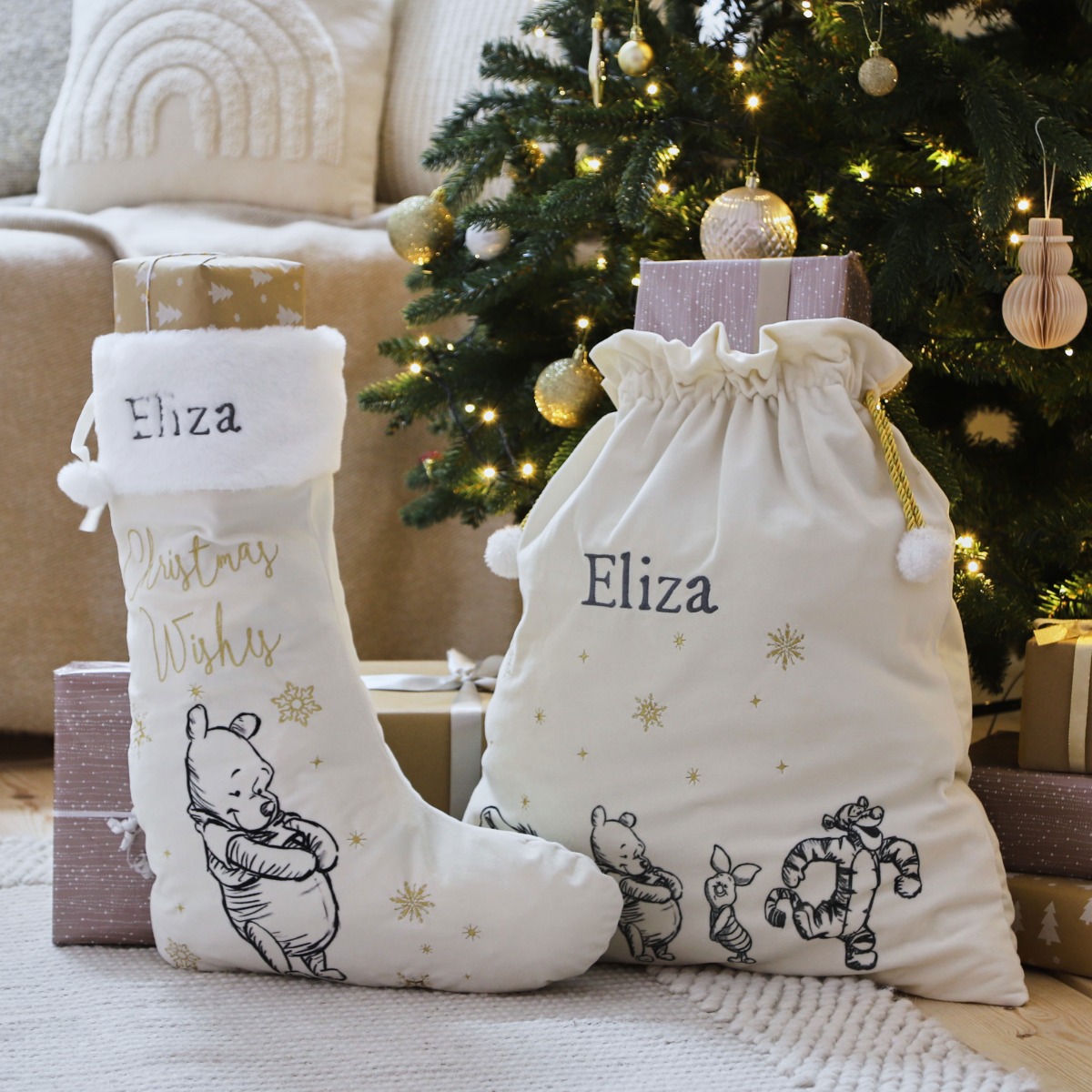 Personalised Winnie the Pooh Christmas Stocking and Sack Set