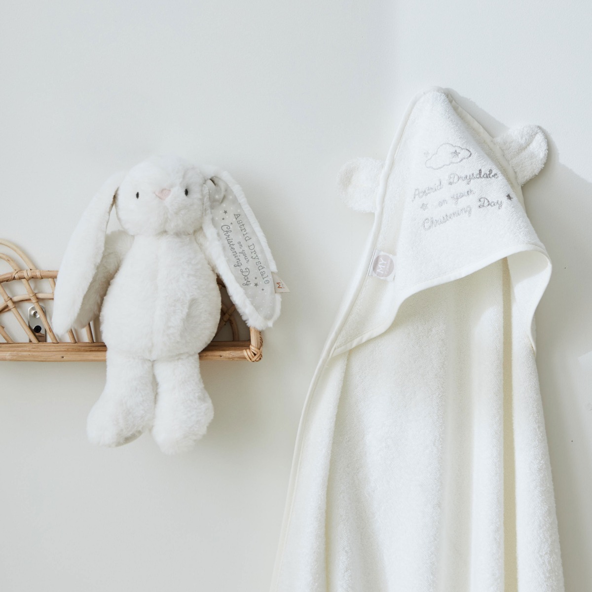 Personalised Ivory Bunny and Hooded Towel Christening Gift Set