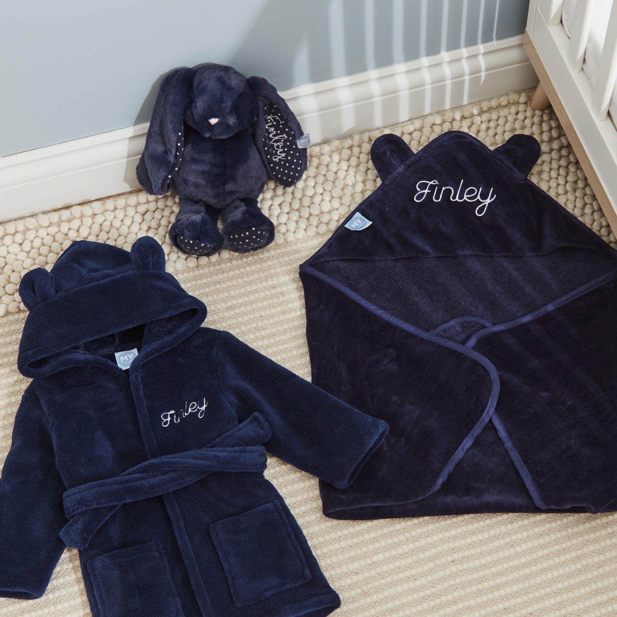 Personalised Navy Splash, Snuggle & Cuddle Gift Set