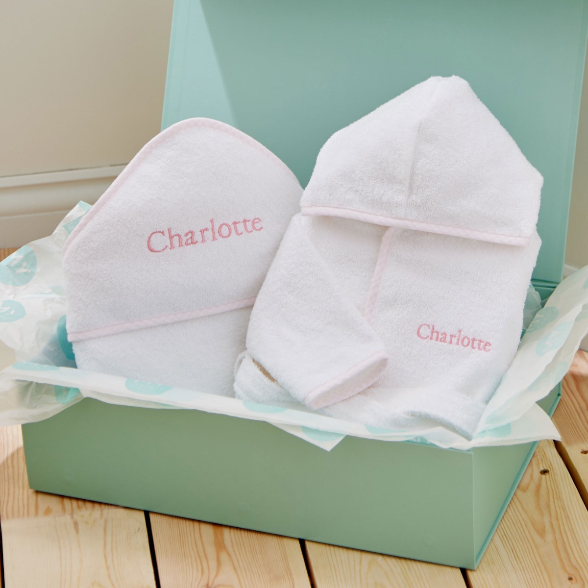 Personalised Pink Gingham Trim Splash and Snuggle Gift Set