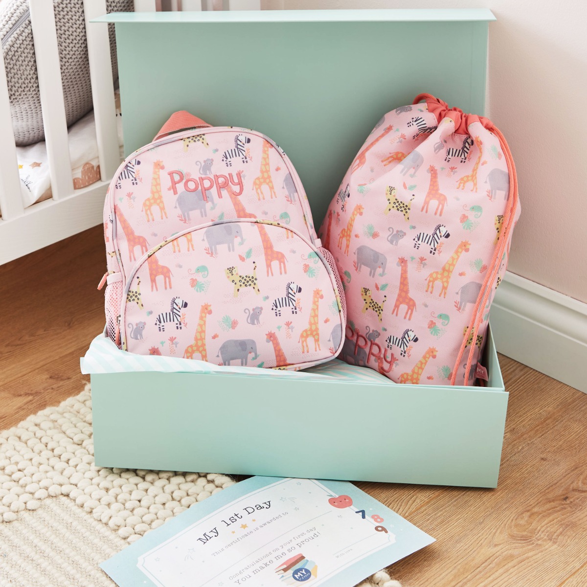 Personalised Pink Safari Print Backpack & Drawstring Bag Set